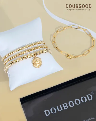 Vista 7 de Doubgood - Pulseras de cuentas de oro para mujer, juego de pulseras apilables de oro para mujeres y hombres, pulsera de cuentas elásticas chapada