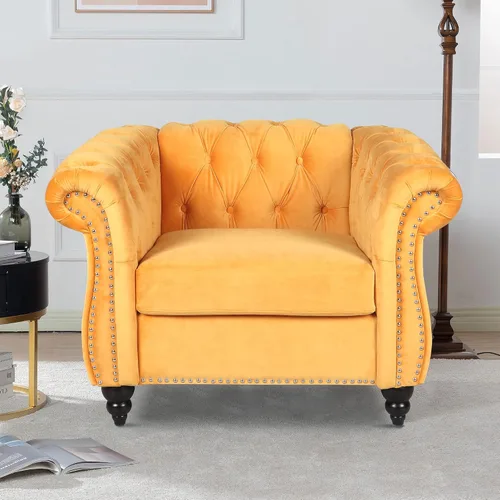 Vista 11 de LEVNARY Sillón Chesterfield de Terciopelo, Sillón Individual de Estilo Moderno de Mediados del Siglo con Respaldo de Botones y Decoración con Beige