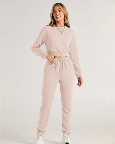 Vista 58 de BTFBM Conjunto deportivo de 2 piezas para mujer, camiseta corta de manga larga, sin botones, pantalón con cordón ajustable, pantalones deportivos