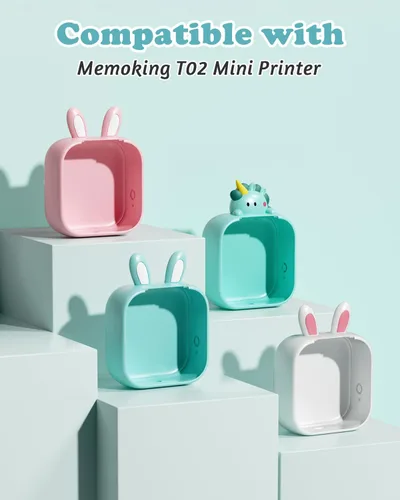 Vista 2 de Memoking T02 - Funda protectora con forma de orejas de conejo, silicona suave, sin BPA, lindo diseño de impresora, compatible con T02 Mini Bluetooth