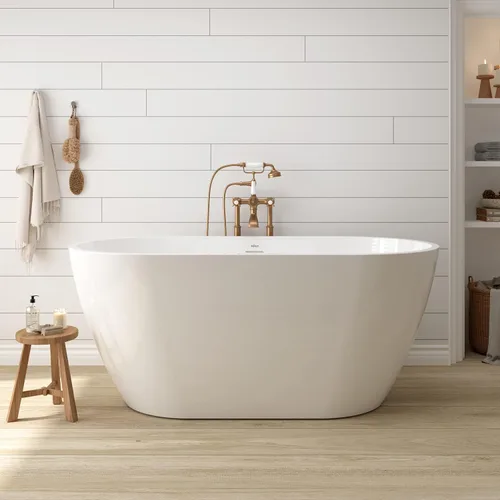 Vista 27 de FerdY Bañera independiente de acrílico Bali de 47 pulgadas, bañera independiente con forma elegante, certificado cUPC, drenaje dorado cepillado