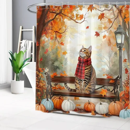 Vista 27 de HVEST Cortina de ducha con ganchos, calabaza espeluznante y fantasma con sombrero de bruja negro, juego de cortina de ducha naranja con flores