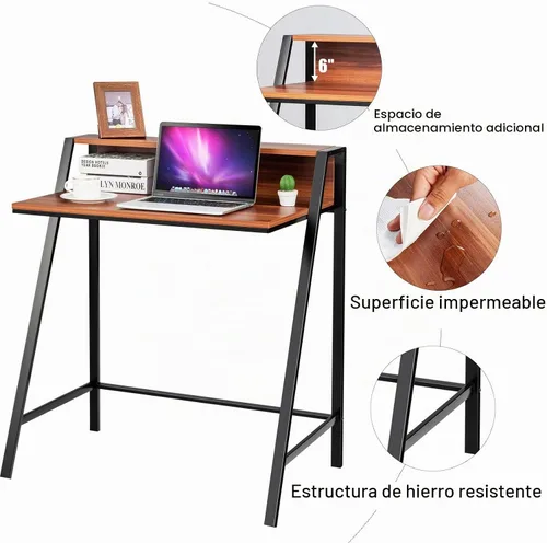 Vista 5 de Tangkula Escritorio pequeño para computadora, escritorio compacto para oficina en casa con marco resistente, mesa de estudio de 2 niveles