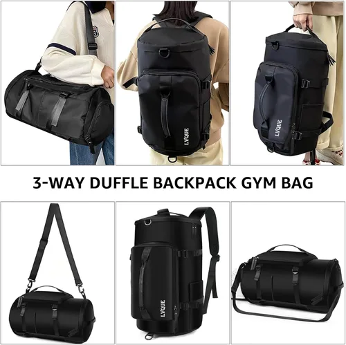 Vista 4 de Bolsa de gimnasio para mujeres y hombres, bolsa de lona deportiva, mochila de viaje, bolsa de fin de semana con compartimento para zapatos, Negro