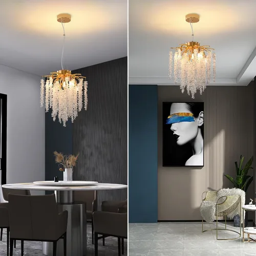Vista 6 de Candelabro de Cristal Rama de Árbol Dorado Gota de Lluvia Redonda Lámpara Colgante con Borla Luminaria de Techo Colgante para Dormitorio Sala