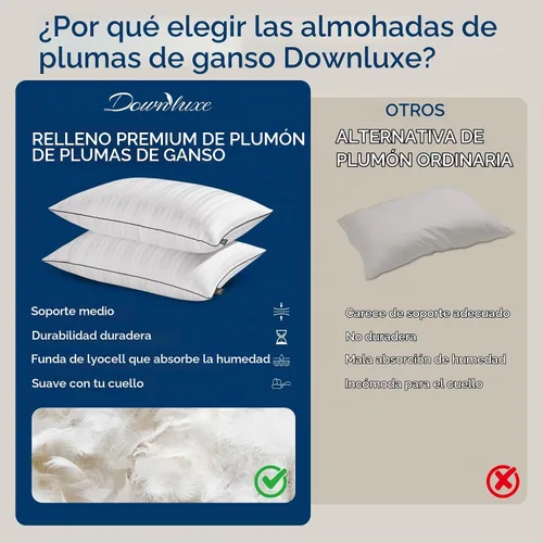 Vista 9 de downluxe - Juego de 2 almohadas de plumas y plumón de ganso - Almohadas de plumas de la colección hotelera para dormir de espalda, de estómago