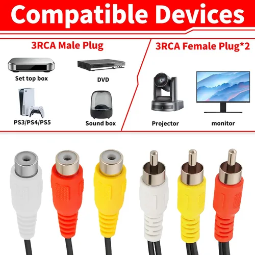 Vista 5 de Cable divisor RCA, 3 RCA macho macho a 6 RCA hembra Divisor de enchufe Audio Video Av Cable adaptador de video compuesto adaptador adaptador