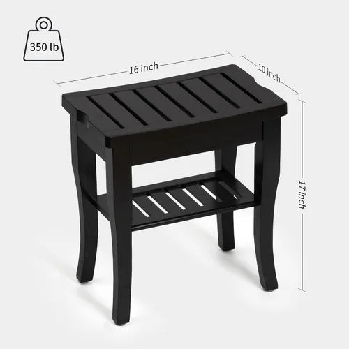 Vista 2 de Banco de ducha de bambú, taburete de ducha pequeño de spa para ducha interior, impermeable, asiento de baño con estante de almacenamiento para Negro