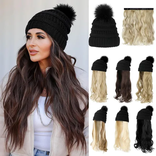 Vista 9 de Gorro Peluca Gorro de Lana con Cabello Extensiones Largas Onduladas Gorro de Punto con Pompón Adjunto de 20" Pieza de Cabello Sintética Removible