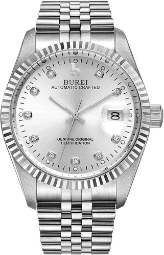 Vista 9 de BUREI Reloj automático de lujo para hombre, resistente al agua, reloj mecánico, correa ajustable de dos tonos de acero inoxidable