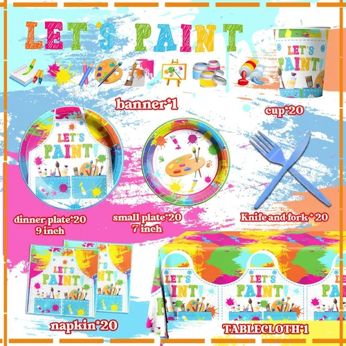 Vista 6 de Suministros para fiesta de pintura, juego de vajilla para fiesta de arte de 142 piezas incluye platos para fiesta de pintura y servilletas, manteles