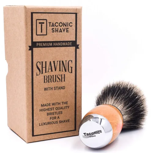Vista 3 de Taconic Shave Cepillo de afeitar de lujo 100% de tejón puro de 3 bandas con madera de haya de lujo y mango cromado, soporte de afeitado incluido