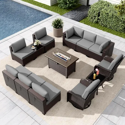 Vista 42 de Gotland Juego de muebles de patio de 6 piezas con 1 mesa auxiliar, 5 plazas de ratán seccional para exteriores con reposabrazos anchos de 29.5 Gris