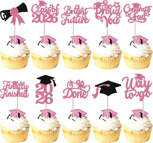 Vista 61 de 30 piezas de decoración para cupcakes de graduación para la clase de 2026 con purpurina brillante para el futuro diploma hecho 2026 Felicidades