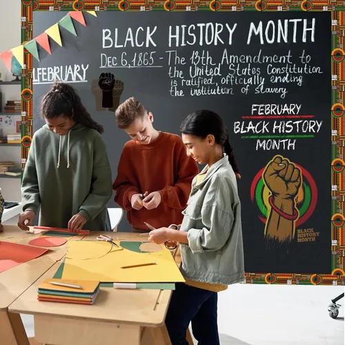 Vista 6 de Tablero de anuncios del mes de la historia negro de 72 pies, borde Kente, decoración de aula, papel de doble cara para celebración afroamericana