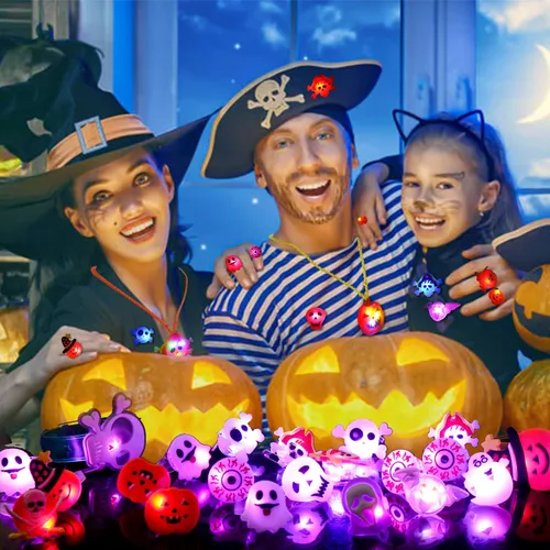 Vista 3 de SULOLI 32 piezas de collares con luz de Halloween para anillos, pulseras, juguetes, bolsas de fiesta de Halloween para niños y adultos, que brillan