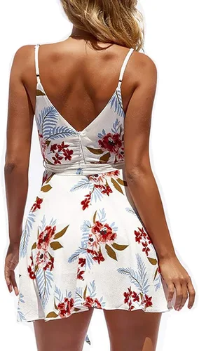 Vista 2 de CASURESS - Vestido corto de verano con cuello en V para mujer con estampado floral vuelo tirantes delgados cinturón sin mangas estilo patinadora