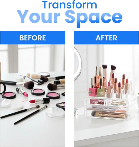Vista 11 de Masirs Organizador de maquillaje transparente – 16 compartimentos para cosméticos y joyas con 4 cajones – Caja de almacenamiento para maquillaje