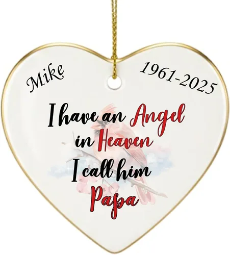 Vista 15 de Adorno de Navidad conmemorativo personalizado 2025 – Recuerdo de cerámica en forma de corazón – Tengo un ángel en el cielo I Call Her Primo – Regalo