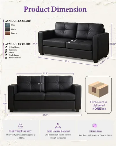 Vista 3 de Sofá seccional de cuero sintético negro, juego de sofá de 3 piezas para TYBOATLE Sofá modular convertible de cuero, cómodo mueble de 3 piezas