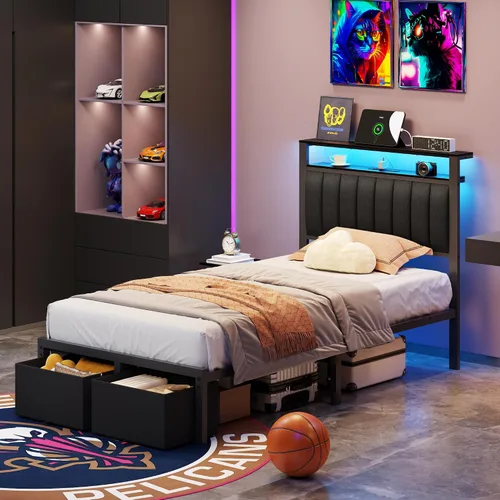 Vista 3 de Furnulem Bases de Cama Individual con Estación de Carga y Luces LED, Cabecero Tapizado Gris con Estantes, Cama de Plataforma de Metal con 2