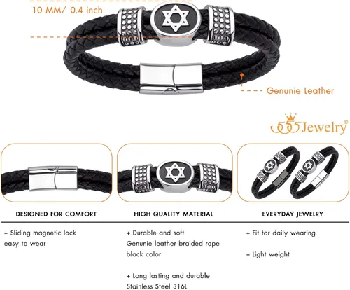 Vista 4 de 555Jewelry - Pulsera de piel trenzada de acero inoxidable con diseño de estrella de David para hombre