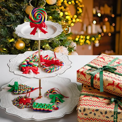 Vista 5 de Codree 8 piezas de adornos de piruleta de bastón de caramelo arcoíris - Adornos colgantes de arcilla polimérica para árbol de Navidad, fiesta