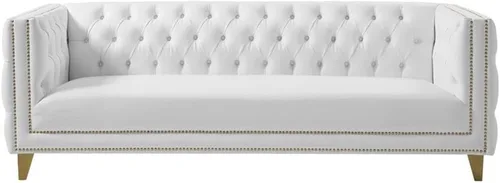 Vista 5 de Meridian Furniture 651White-S Colección Michelle Moderna Sofá contemporáneo con botones profundos, ribete dorado de cabeza de clavo y patas