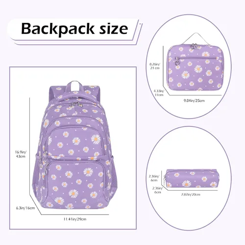 Vista 26 de goldwheat Mochilas impresas margaritas con paquete de almuerzo, estuche de lápices 3pcs, bolsa ligera resistente al agua para la escuela secundaria
