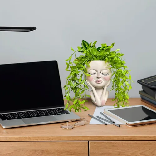 Vista 7 de Macetas Cara de Plantas en Forma de Cabeza - Lindas Macetas para Suculentas, Macetas para Plantas de Interior con Sistema de Drenaje, Regalos