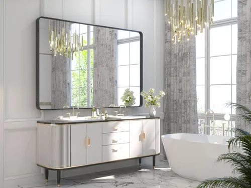 Vista 92 de TETOTE Espejo de marco dorado cepillado de 16 x 24 pulgadas, espejo de tocador de baño de latón dorado para pared, espejo enmarcado rectangular
