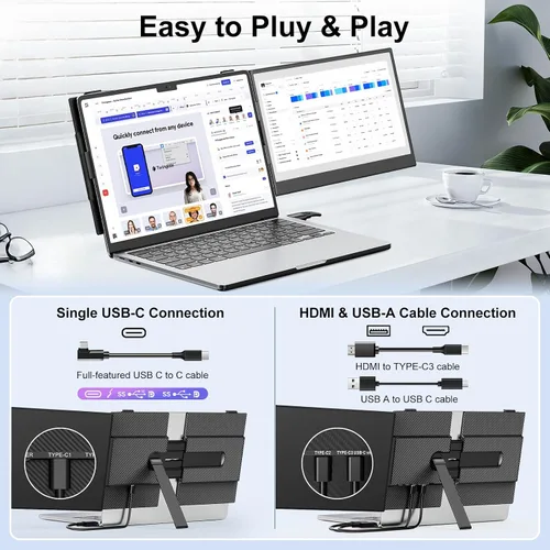 Vista 5 de Extensor de pantalla para laptop, monitor portátil FHD 1080P IPS de 14 pulgadas para laptop, ultrafino de 0.17 pulgadas y 1.3 libras, pantalla dual