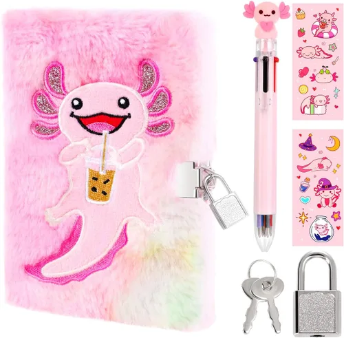 Vista 12 de Axolotl Diario para Niñas con cerradura y llaves, Diario de Niños Cuaderno Escolar de Viaje Juego de Regalo para Escribir y Dibujar, Bolígrafo