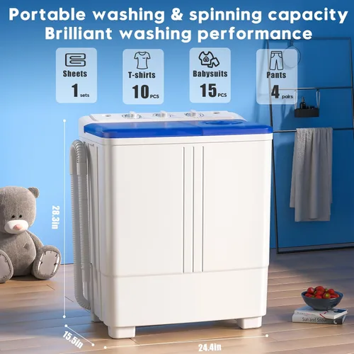 Vista 2 de Lavadora portátil de 20 libras, lavadora compacta de doble tina mini con bomba de drenaje, semiautomática, lavadora de 12 libras y centrifugadora