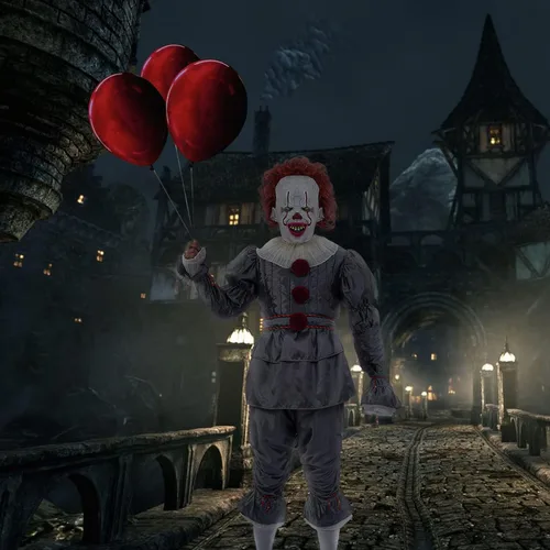 Vista 5 de Disfraz de payaso para adultos y niños, incluye una máscara y globos, el disfraz de payaso es un gran traje para los fanáticos., Gris