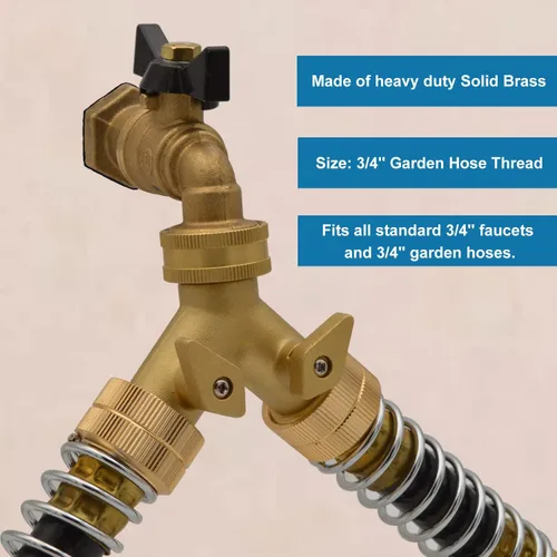 Vista 6 de HYDRO MASTER Manguera de jardín con divisor en Y de latón resistente de 2 vías con válvulas de cierre de agarre cómodo, adaptador para grifo