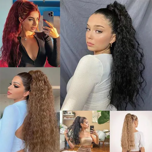 Vista 5 de Extensión de cola de caballo rubio con cordón para mujer, larga y rizada de 26 pulgadas, extensiones de cabello sintético natural, extensiones