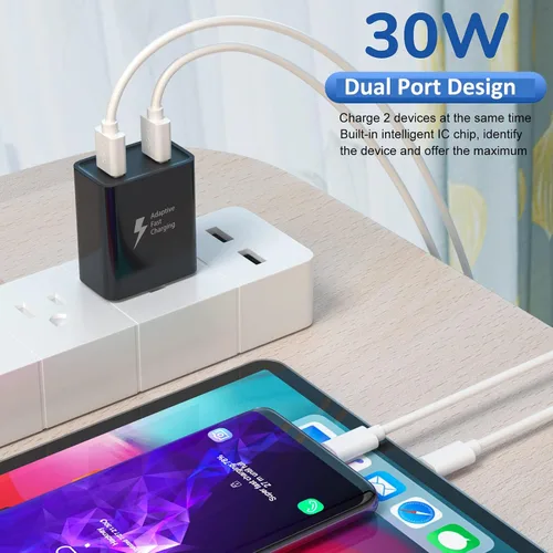 Vista 3 de Paquete de 2 bloques de cargador rápido USB A, cargador de pared de carga negro