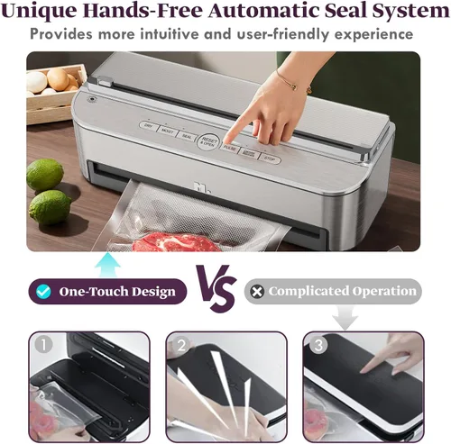Vista 3 de Mesliese Máquina selladora al vacío, sellador automático de alimentos de 85 kPa 120 W, potente sistema de sellado, cortador integrado Plateado