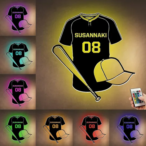 Vista 34 de Letrero de metal de jersey deportivo personalizado con luz LED, nombre y número personalizado, letrero de neón con nombre personalizado, decoración