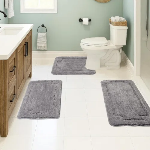 Vista 9 de Juego de 3 alfombras de baño suaves y absorbentes, peludas, suaves, antideslizantes, para ducha, bañera y bañera, lavables a máquina
