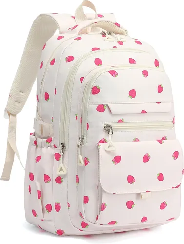 Vista 8 de Phaoullzon Mochila escolar para niñas adolescentes para niños, mochila estética universitaria para laptop para mujeres, Beige, Grande