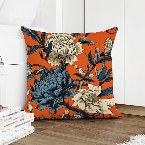 Vista 5 de Funda de cojín con diseño de flores de caqui chinoiserie, color naranja, azul marino, peonía, funda de almohada cuadrada rústica para sofá