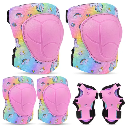 Vista 14 de FIODAY Rodilleras para niños, conjunto de equipo de protección ajustables para niños, rodilleras y coderas con protector de muñeca para niñas