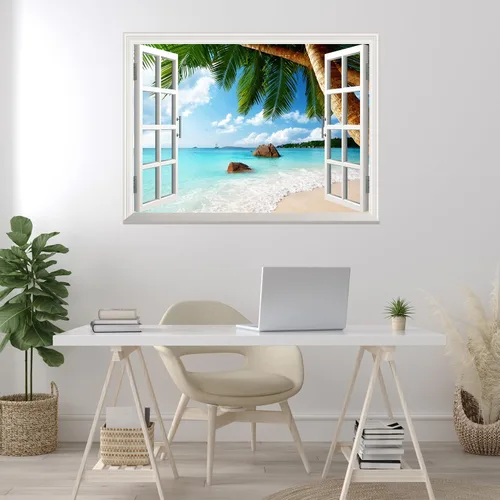 Vista 4 de wall26 Vinilo mural de pared extraíble – ANSE Lazio Beach en la isla Praslin en Seychelles - Decoración de pared creativa de ventana – 24 x 32