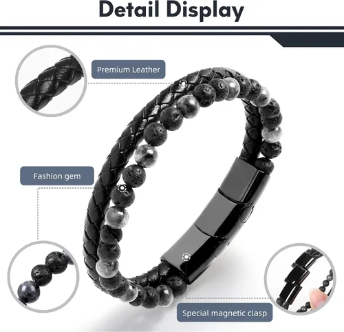 Vista 2 de Desiroman Pulseras de cuentas y cuero para hombre, con ojo de tigre, piedra de lava, para hombres y mujeres, con cierre magnético de acero