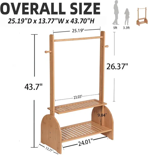 Vista 4 de BAMBOOHOMIE Perchero de ropa para niños con varillas ajustables, perchero de ropa para niños, bebés, mascotas, perchero para niños con 2 estantes