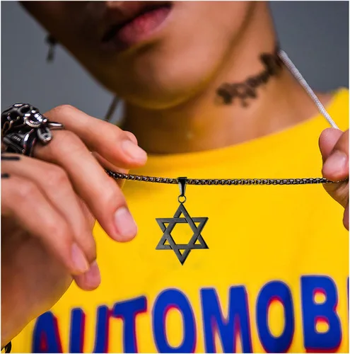 Vista 2 de U7 - Collar con Estrella de David para hombres y mujeres, dije hexagonal de acero inoxidable con cruz/piedra de rubí/collares clásicos judíos