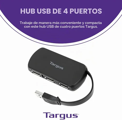 Vista 2 de Targus Concentrador USB 2.0 de 4 puertos, color negro, compatible con PC y Mac, elegante y apto para viajes (ACH114US)