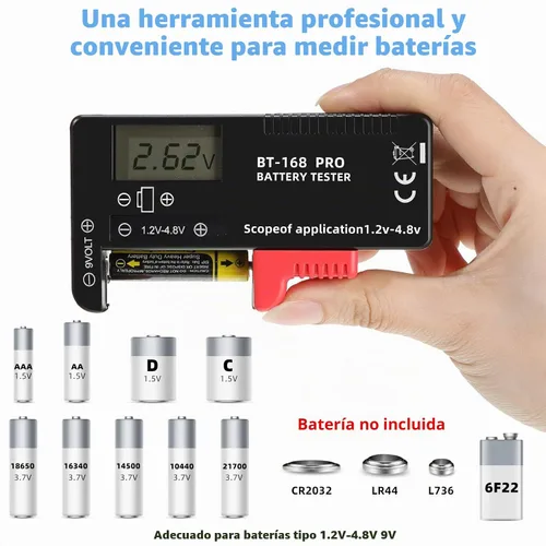 Vista 2 de Probador de batería universal LCD digital (modelo: Bt - 168 PRO), comprobador de batería portátil para pilas de botón AA AAA C D 9V 3.7V 1.5V